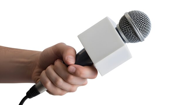 Hand holding a professional reporter microphone with blank white cube flag