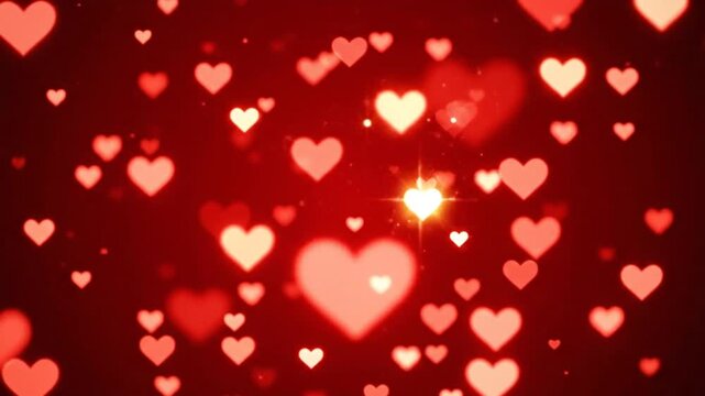 Floating glowing hearts on red background with light flares