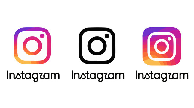 Illustrative editorial set of official Instagram icons and wordmark logo designs featuring colorful gradient and black outline styles for social media app interface development and digital branding.