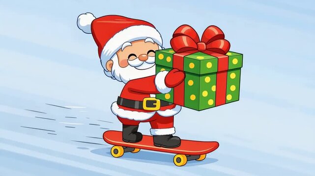Santa claus riding a skateboard while carrying a large wrapped gift, moving across a snowy surface in joyful motion.
