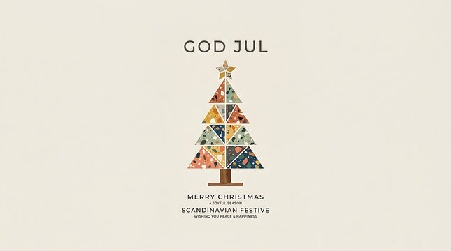 God jul merry christmas greeting card with a modern geometric mosaic style pine tree made of colorful terrazzo triangles on a vintage light paper texture background for winter holidays