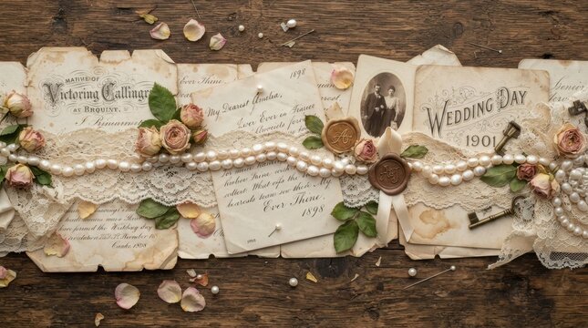 Vintage Wedding Ephemera: Old Letters, Dried Roses, Pearls, Wax Seals on Wood