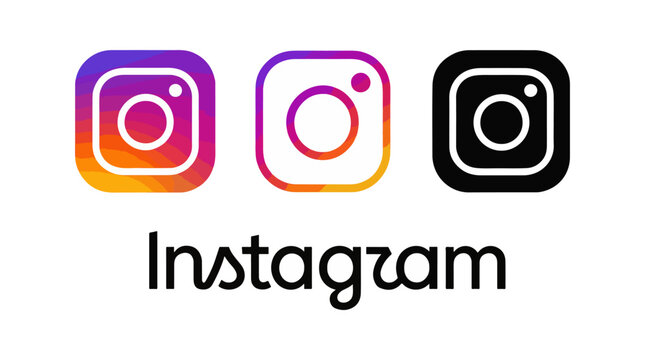 Instagram social media logo brand icon set with gradient camera symbol and wordmark typography for digital marketing mobile app profile network communication platform internet sharing online.
