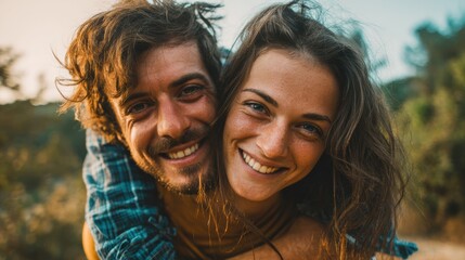 Fototapeta premium Smile, portrait couple and piggyback outdoor for summer holiday, marriage support or anniversary date. Happy, man and woman playful embrace of vacation travel, love together and bonding in nature