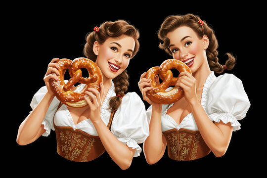 Illustration of two smiling girls in dirndl holding soft pretzels close-up, Oktoberfest concept