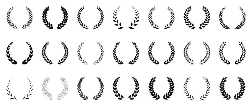 Collection of elegant black laurel wreath silhouettes featuring varied leaf styles, symmetrical botanical frames for awards, emblems, certificates, logos, badges, victory symbols and formal decoration