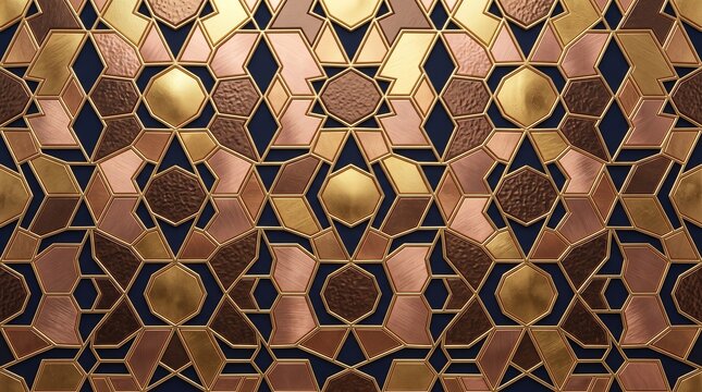 Islamic geometric pattern in gold and copper, luxury arabesque mosaic wall, elegant middle eastern architectural texture isolated PNG with Transparent Background