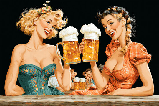 Illustration of smiling women toasting beer mugs at wooden table, Oktoberfest concept