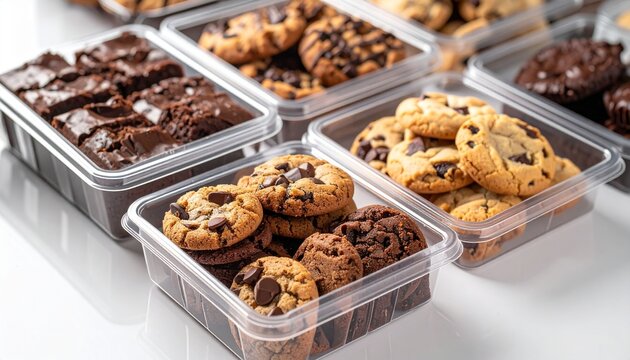 Fresh cookies and chocolate brownies in clear plastic bakery containers