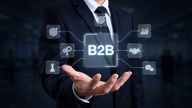 Businessperson in dark suit holding B2 B ecommerce tablet surrounded by white shirt blue tie