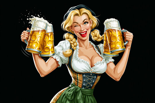 Illustration of winking blonde woman in dirndl holding two beer mugs, Oktoberfest concept