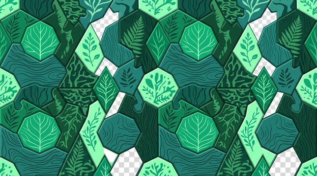 Geometric tropical leaf pattern, emerald green jungle foliage mosaic, seamless botanical hexagon wallpaper design isolated PNG with Transparent Background