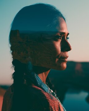 A captivating double exposure combining a thoughtful woman?s profile with a scenic desert landscape in warm sunset lighting.