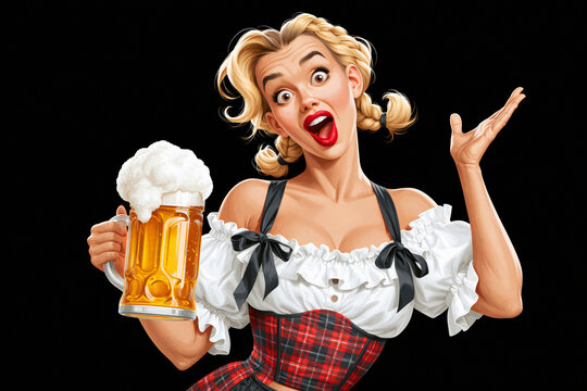 Illustration of playful blonde woman in dirndl holding overflowing beer mug, Oktoberfest concept