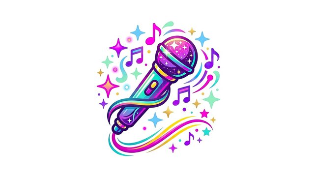 Colorful microphone icon with musical notes and sparkles for karaoke or singing events.