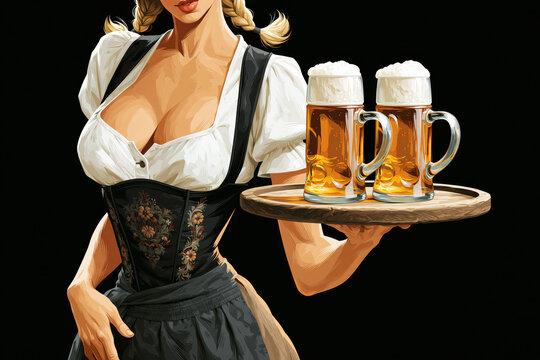 Illustration of waitress in black dirndl carrying tray of beer mugs, Oktoberfest concept