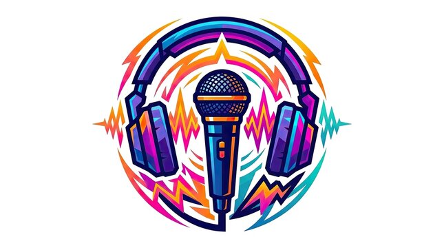 Colorful hip hop music logo with microphone and headphones for podcast or radio branding.