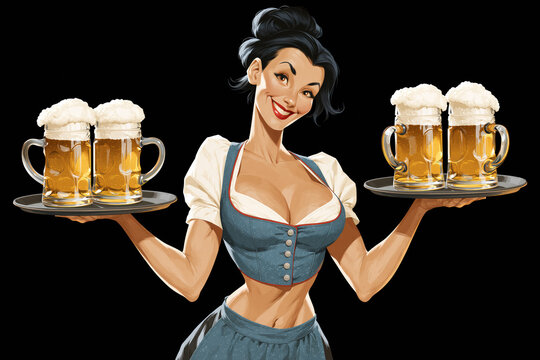 Illustration of smiling waitress in blue dirndl carrying two trays of beer mugs, Oktoberfest concept