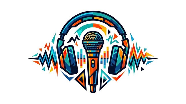 Hip hop music logo with microphone and headphones for audio production and recording studio.