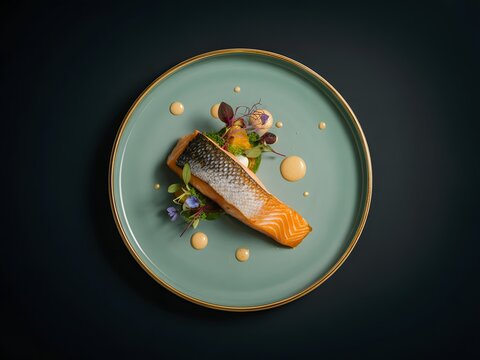 Pan seared salmon fillet served on green plate with gourmet garnish