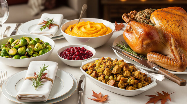 Traditional Thanksgiving dinner table, roasted turkey with festive side dishes, holiday feast with stuffing and cranberry sauce