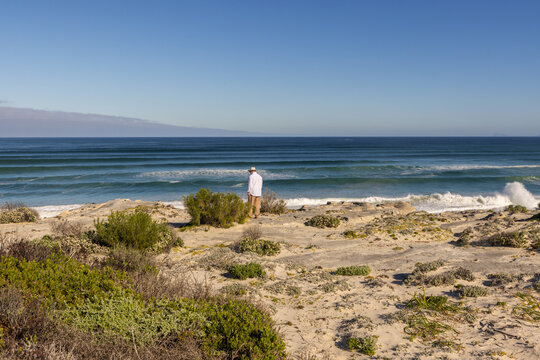 adult man wearing hat exploring beautiful Walker Bay Nature Reserve, Gansbaai, South Africa