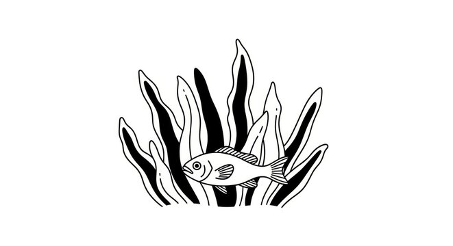 Black and white fish seaweed illustration.