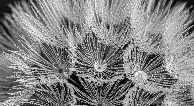Close up monochrome image of dandelion seed head with water droplets
