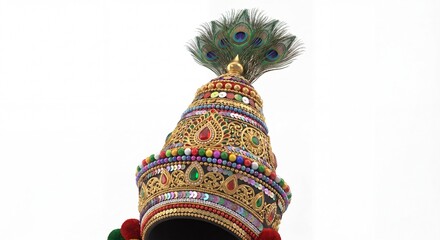 Fototapeta premium Ornate Decorative Indian Crown Featuring Peacock Feathers and Intricate Beadwork on White Surface.