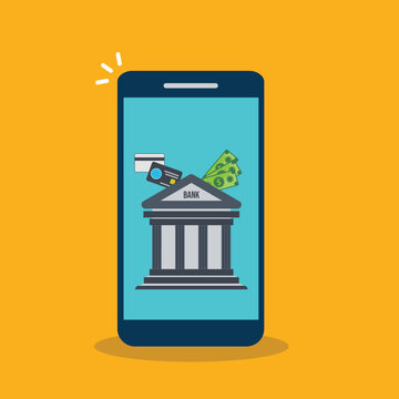 Mobile banking app icon set, smartphone bank building financial service 