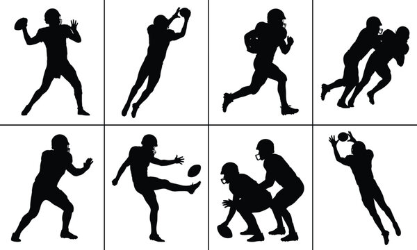 American Football Player Silhouettes Set Featuring Passing, Catching, Running, Tackling and Defensive Action Poses