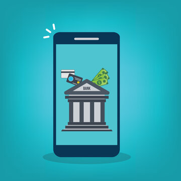 Mobile banking app icon set, smartphone bank building financial service 