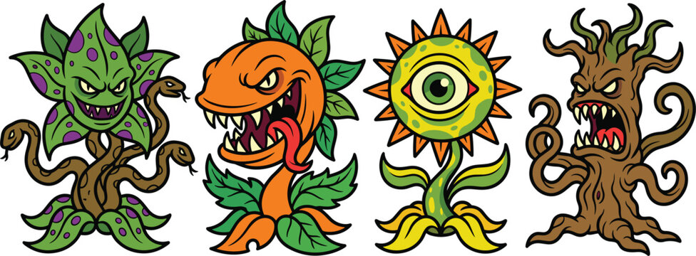 Spooky Cartoon Monster Plants Vector Set Featuring Carnivorous Flytrap Angry Tree Cyclops Sunflower and Venomed Snake Vine Creatures for Halloween Designs
