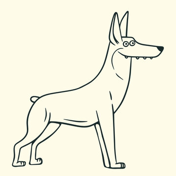 Cute cartoon doberman dog standing with alert posture, black line art vector illustration isolated on background.