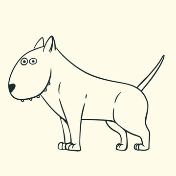 Cute cartoon bull terrier standing in side view, black line art vector illustration isolated on background.