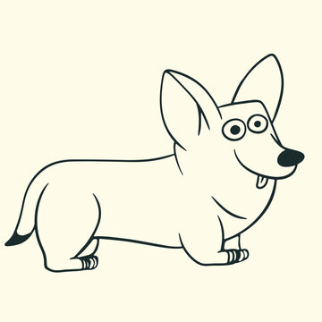 Cute cartoon corgi dog standing with tongue out, black line art vector illustration isolated on background.