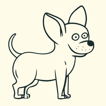 Cute cartoon chihuahua dog standing with big ears, black line art vector illustration isolated on background.