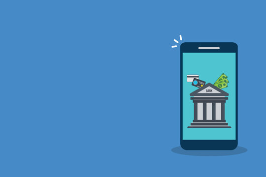 Mobile banking app icon set, smartphone bank building financial service 