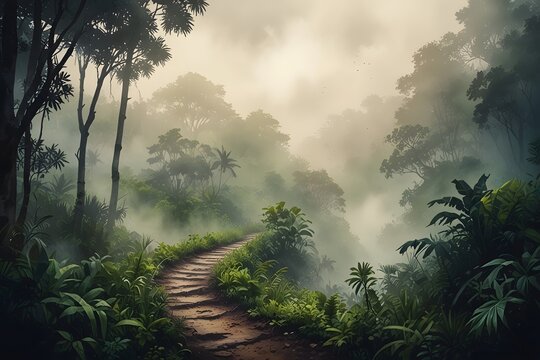 Curving jungle path disappearing into dense fog