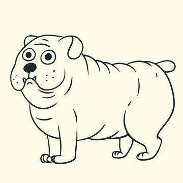 Cute cartoon English Bulldog standing in profile, black line art vector illustration isolated on background. Funny stylized fat bulldog puppy with wrinkles and big eyes.