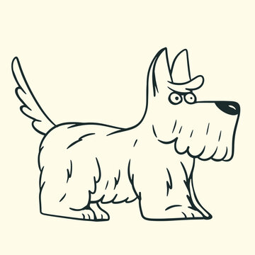 Cute cartoon Scottish Terrier standing in profile, black line art vector illustration isolated on background. Funny stylized terrier puppy with beard and pointy ears.