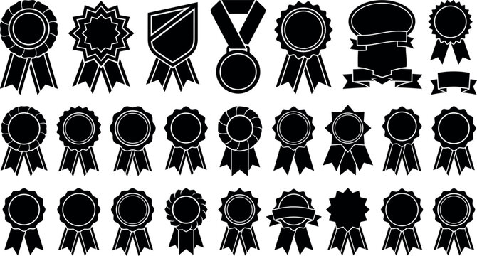 Collection of black silhouette award ribbons and medals on a white background awards