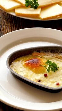 melted raclette cheese with peppercorns in traditional pan on rustic wooden table, vertical video
