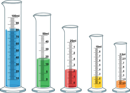 Laboratory Graduated Cylinders Set with Colorful Liquid &ndash; 100ml, 50ml, 25ml, 10ml and 2.5ml Measuring Glassware Vector