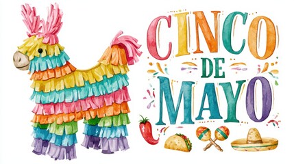 Fototapeta premium Colorful Cinco de Mayo watercolor design with traditional donkey pinata, festive lettering and Mexican celebration symbols