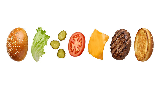 Exploded view of burger bun, beef patty, cheese, tomato, pickle, and lettuce floating in air isolated on transparent background.