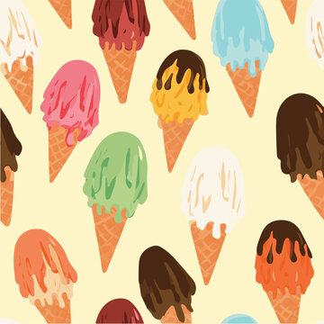 Melting ice cream seamless pattern, dripping scoops