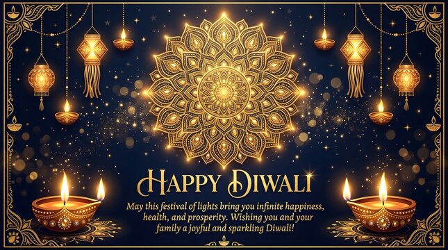 Happy diwali greeting background with golden mandala and lamps