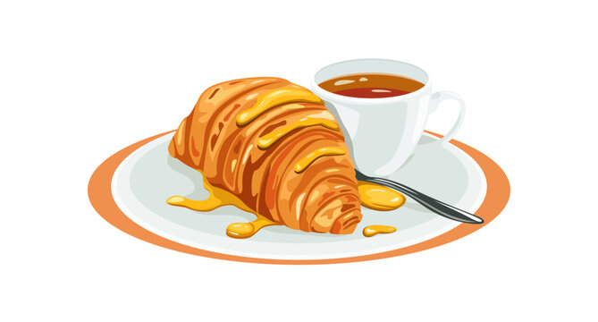 croissant and tea with honey, snack, pastries