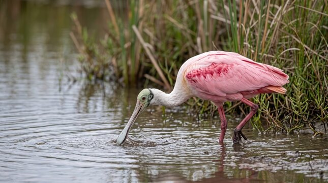 Roseate spoonbill bird wading in shallow water